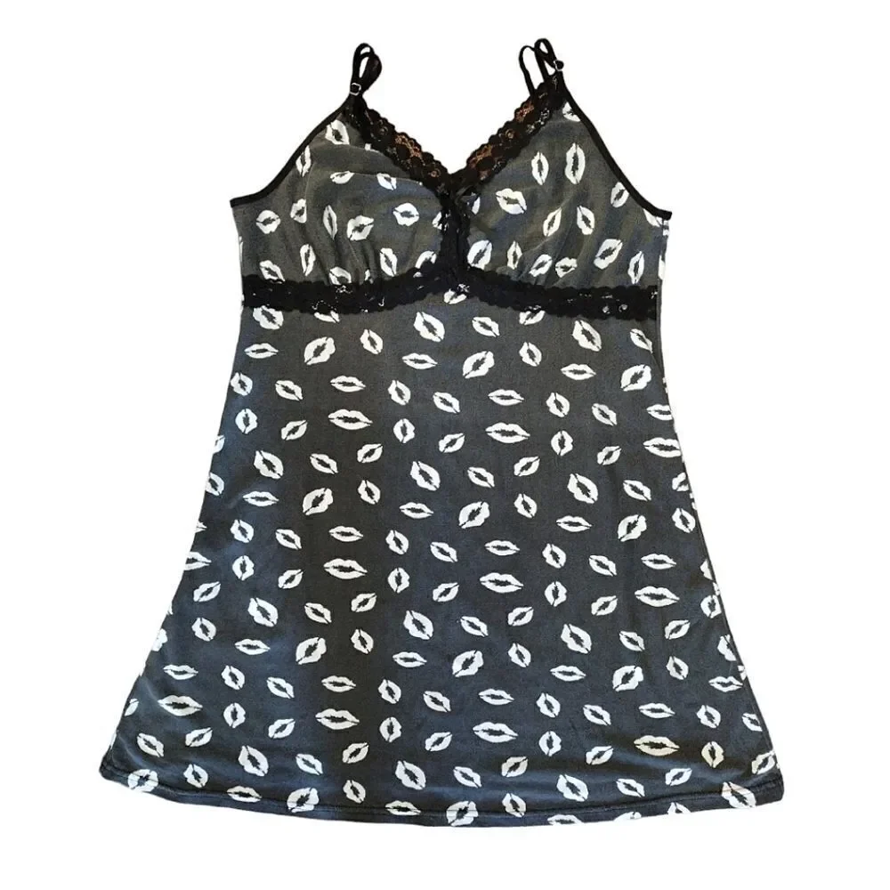 Y2K Black White Lips Printed Lace Trimmed Chemise Mini Slip Dress Large - Picture 3 of 11